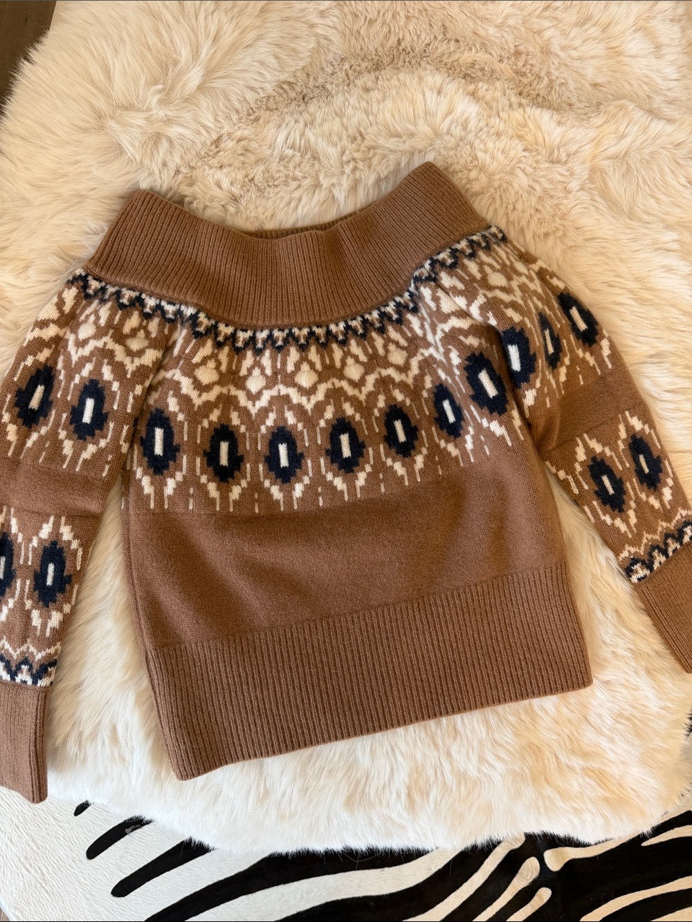Witchery Brown Fair Isle Off-Shoulder Sweater wool cashmere blend shrunken XXS